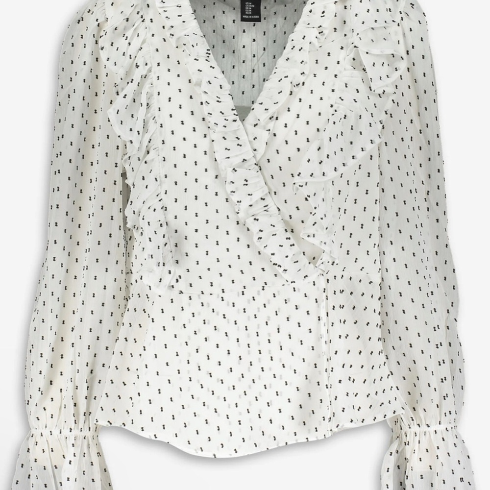 Rachel Zoe White Black Clip Dot Ruffle Faux Wrap Blouse Smocked Peplum Top M
